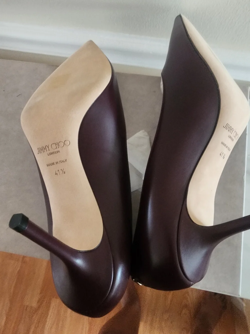 Jimmy Choo Pointed Toe Pumps in Burgundy with Gold Logo